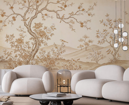 Vintage Chinoiserie Wallpaper Floral Landscape Blossoming Branches Wall Mural