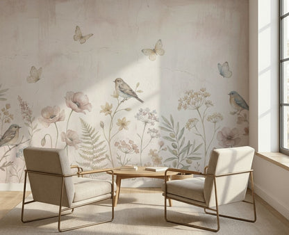 Pastel Floral Wallpaper Wildflower Meadow Birds Removable Wall Decor
