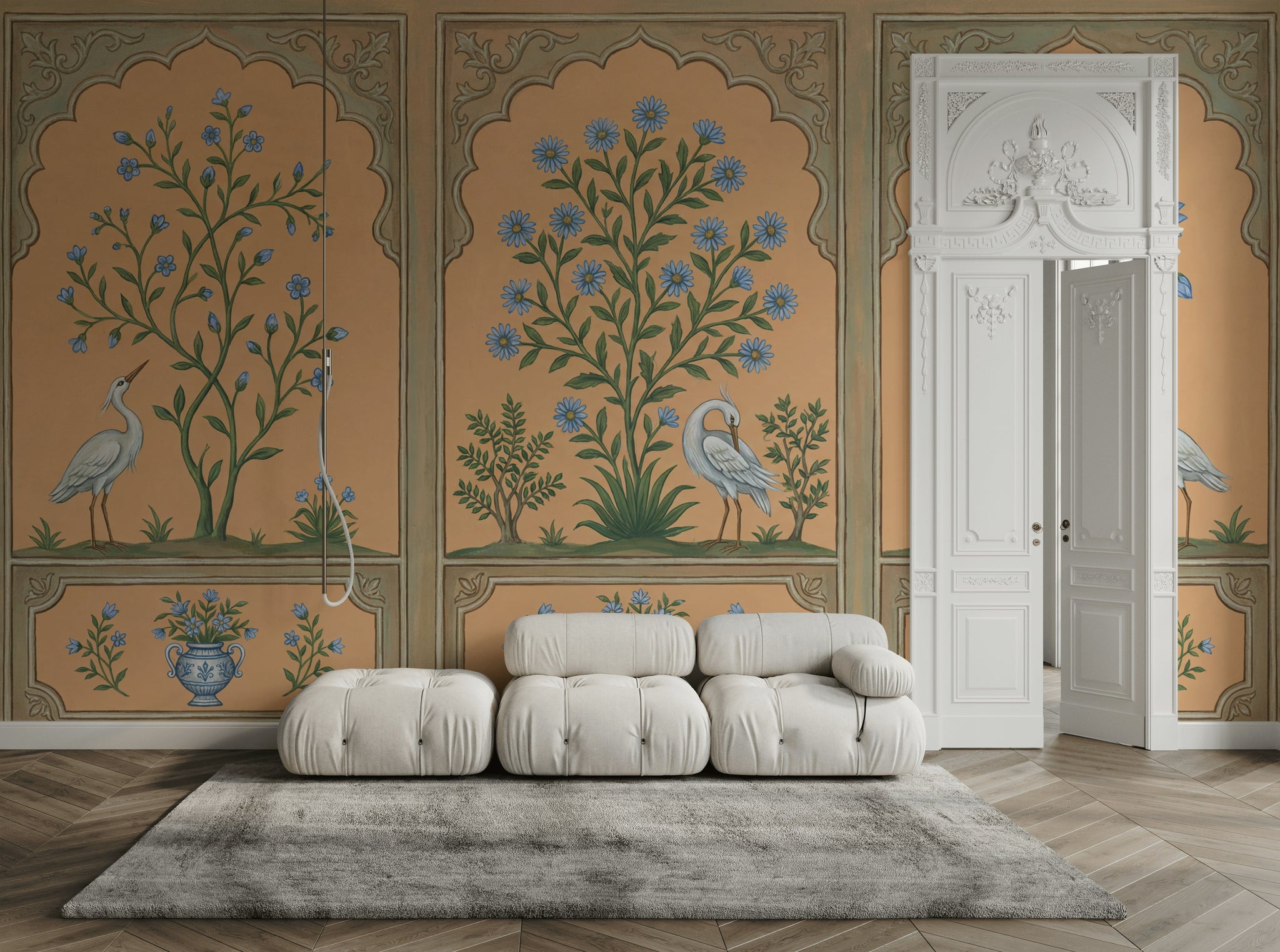 Floral Panels Wallpaper Toile Style Removable White Heron Egret Wall Decor
