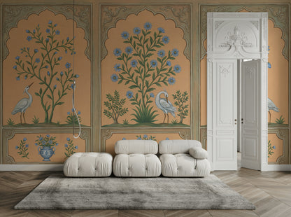 Floral Panels Wallpaper Toile Style Removable White Heron Egret Wall Decor