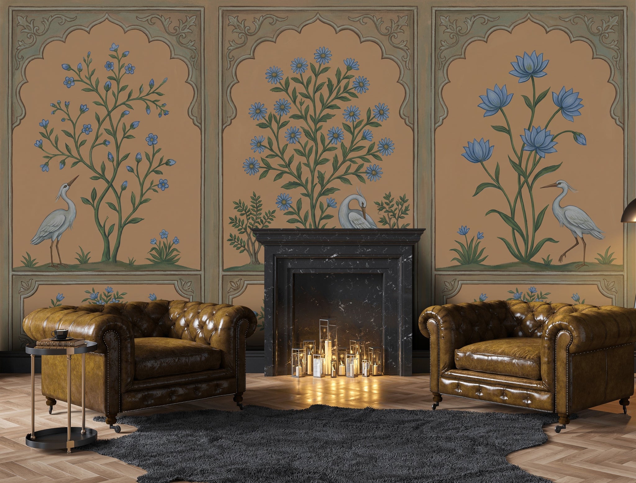 Floral Panels Wallpaper Toile Style Removable White Heron Egret Wall Decor
