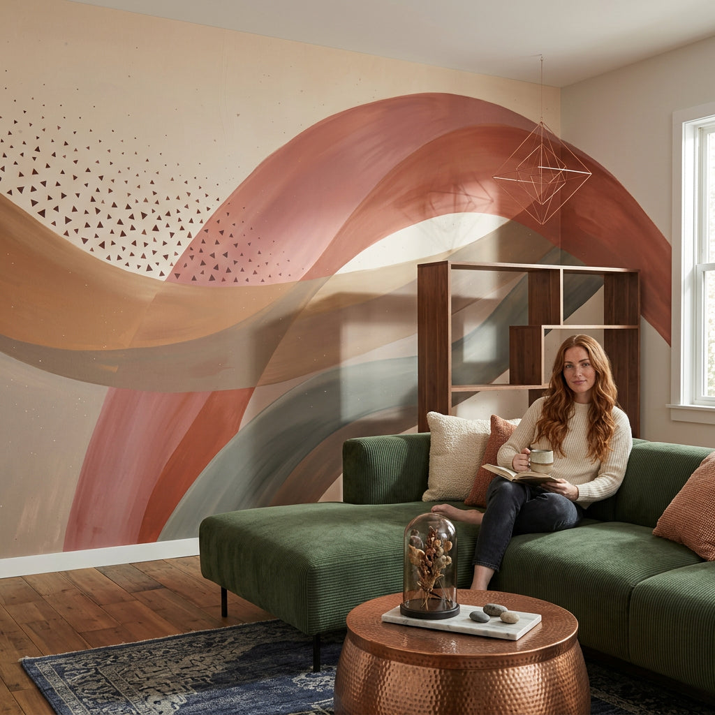 Ribbon Waves Wallpaper Terracotta Neutral Tones Removable Wall Decor