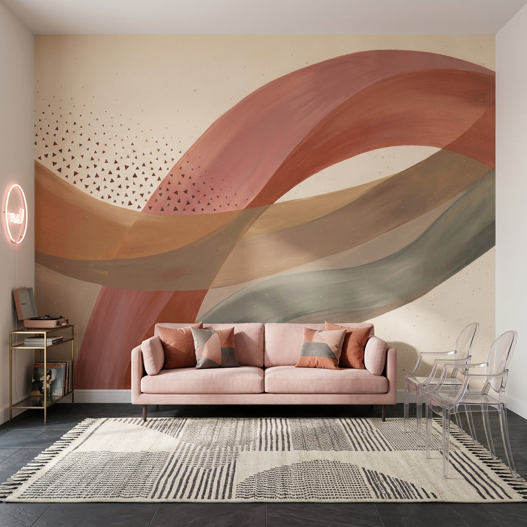 Ribbon Waves Wallpaper Terracotta Neutral Tones Removable Wall Decor