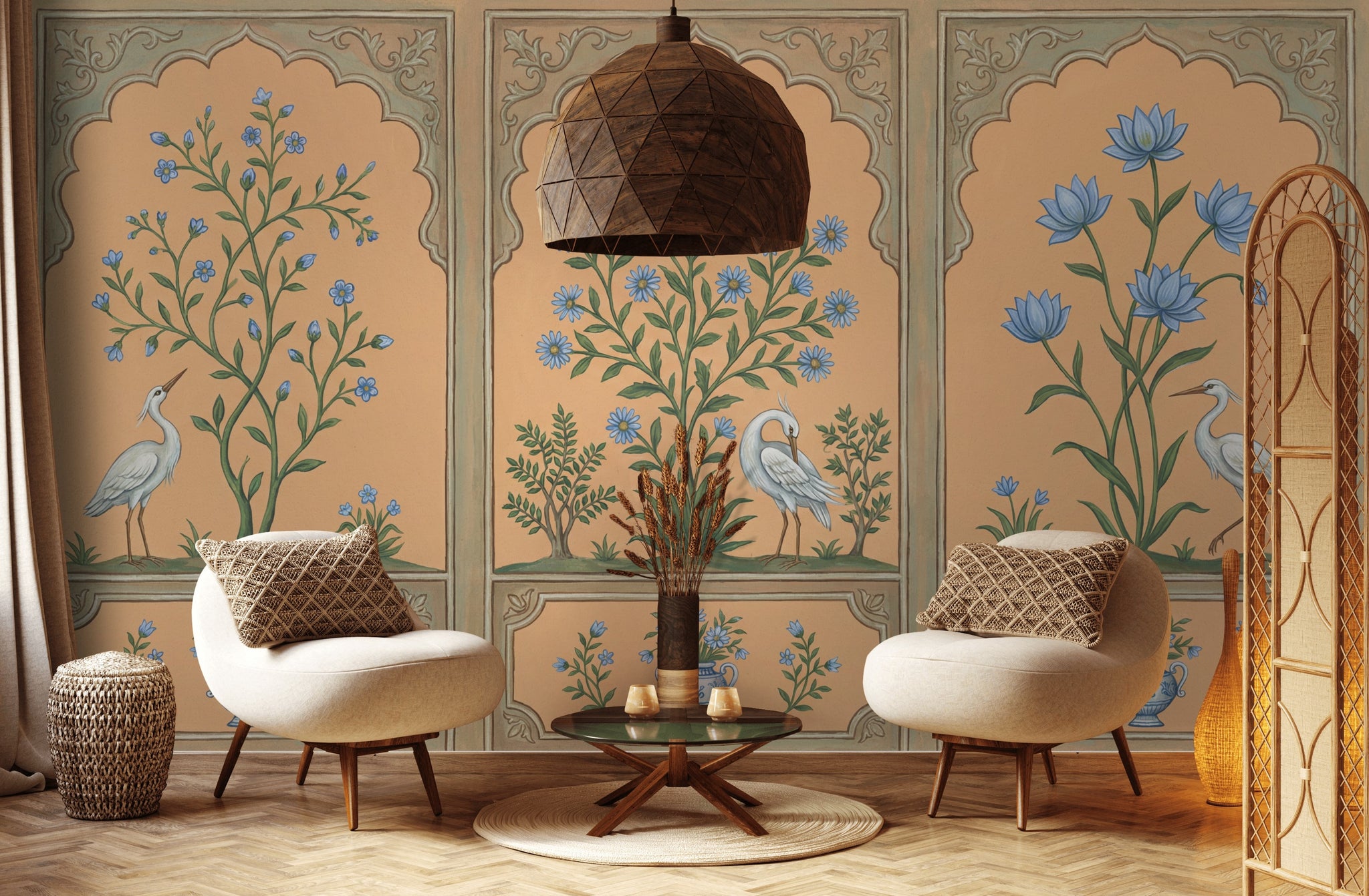 Floral Panels Wallpaper Toile Style Removable White Heron Egret Wall Decor
