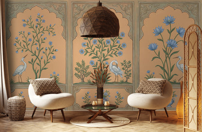 Floral Panels Wallpaper Toile Style Removable White Heron Egret Wall Decor