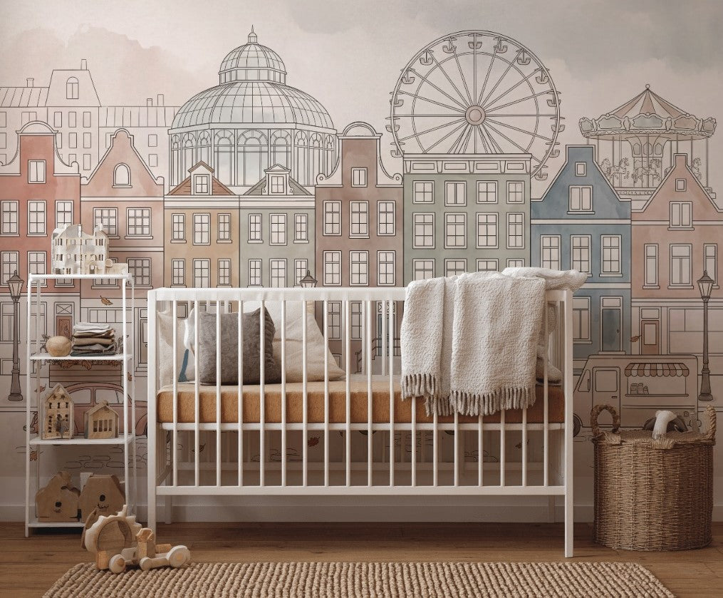 European Cityscape Wallpaper Canal Houses Ferris Wheel Wall Mural