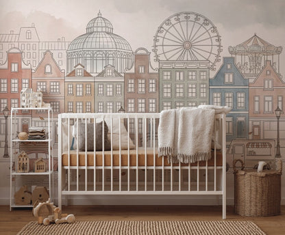 European Cityscape Wallpaper Canal Houses Ferris Wheel Wall Mural