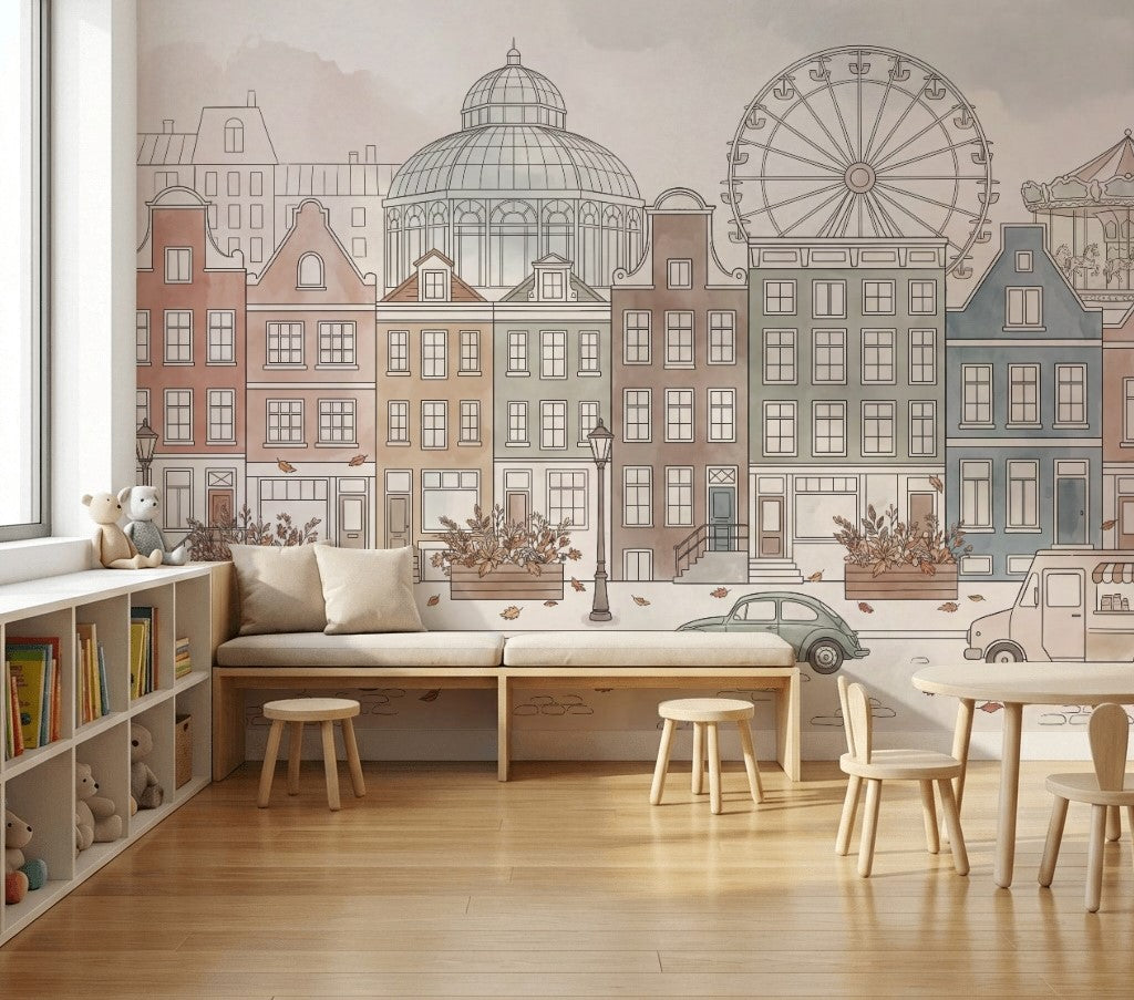 European Cityscape Wallpaper Canal Houses Ferris Wheel Wall Mural