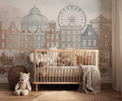 European Cityscape Wallpaper Canal Houses Ferris Wheel Wall Mural