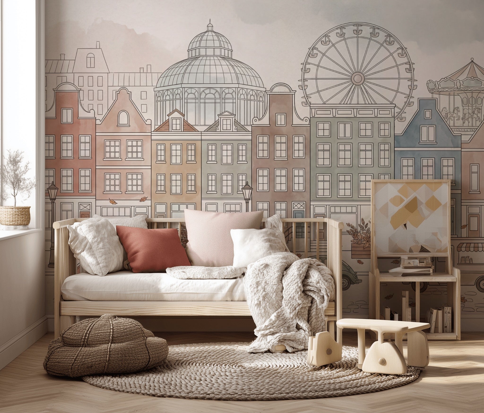 European Cityscape Wallpaper Canal Houses Ferris Wheel Wall Mural