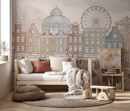 European Cityscape Wallpaper Canal Houses Ferris Wheel Wall Mural