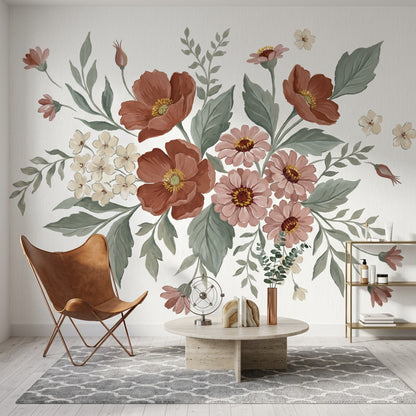 White Background Wallpaper Botanical Watercolor Removable Wall Decor