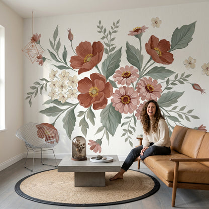 White Background Wallpaper Botanical Watercolor Removable Wall Decor