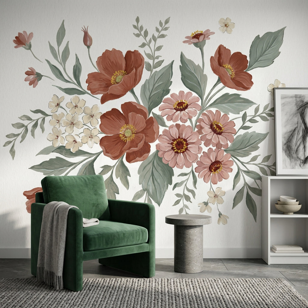 White Background Wallpaper Botanical Watercolor Removable Wall Decor