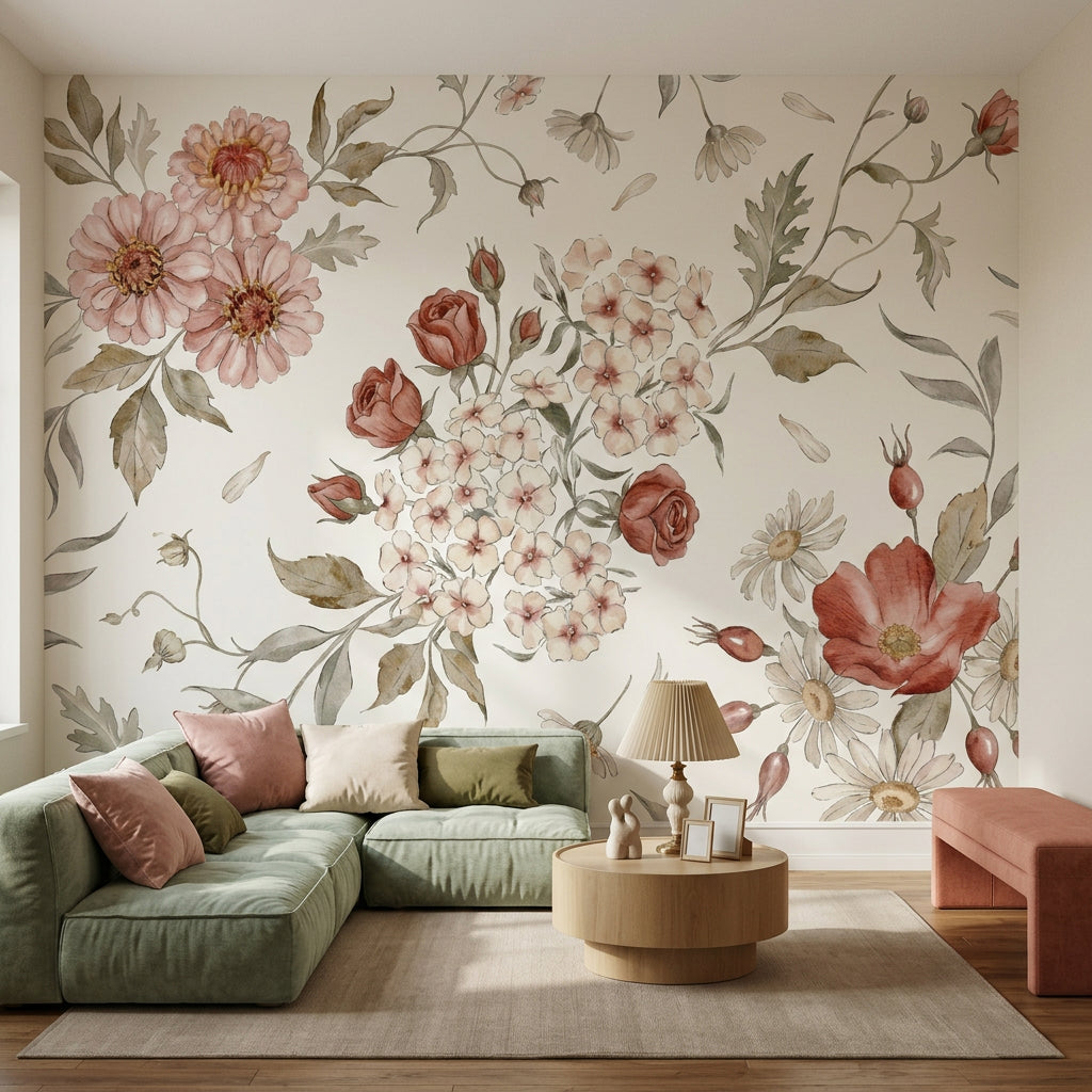 Watercolor Floral Wallpaper Botanical Illustration Cream Background Wall Mural