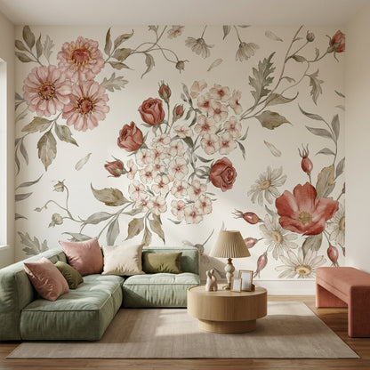 Watercolor Floral Wallpaper Botanical Illustration Cream Background Wall Mural