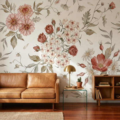 Watercolor Floral Wallpaper Botanical Illustration Cream Background Wall Mural