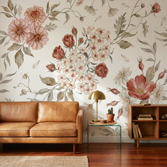 Watercolor Floral Wallpaper Botanical Illustration Cream Background Wall Mural