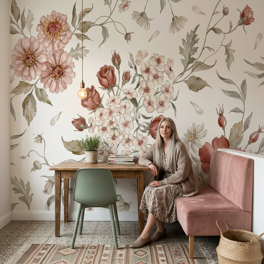Watercolor Floral Wallpaper Botanical Illustration Cream Background Wall Mural