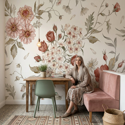 Watercolor Floral Wallpaper Botanical Illustration Cream Background Wall Mural