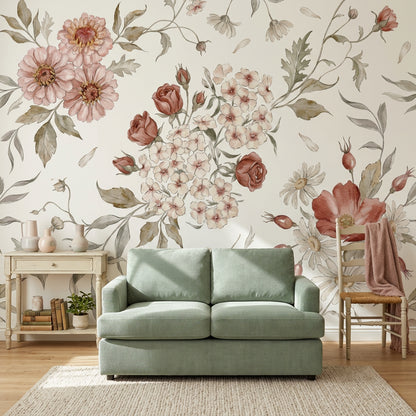 Watercolor Floral Wallpaper Botanical Illustration Cream Background Wall Mural