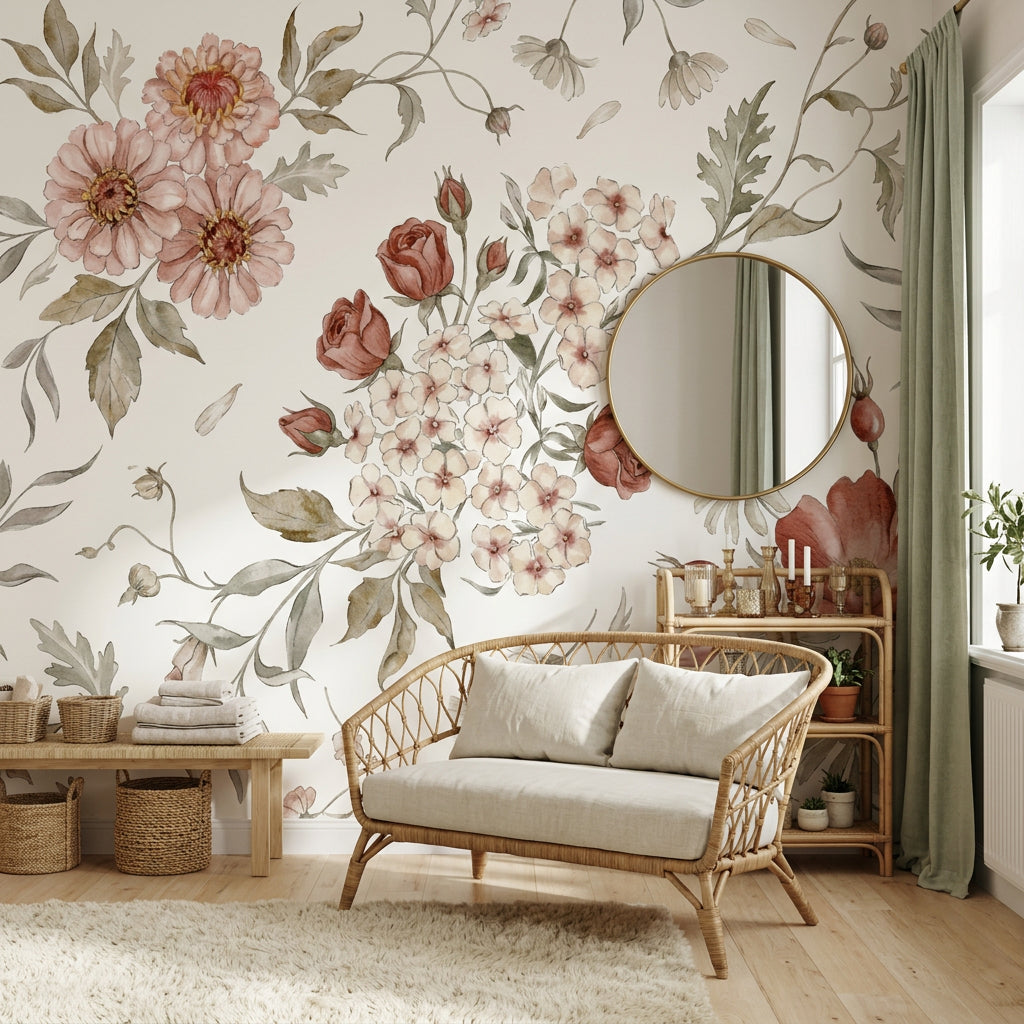 Watercolor Floral Wallpaper Botanical Illustration Cream Background Wall Mural