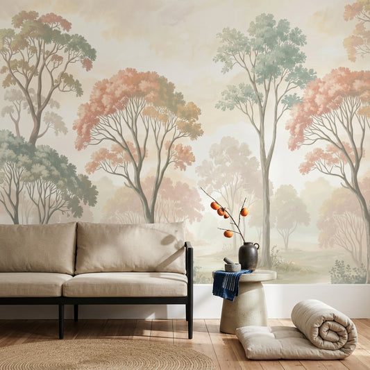 Misty Forest Wallpaper Watercolor Woodland Removable Tree Landscape Wall Decor