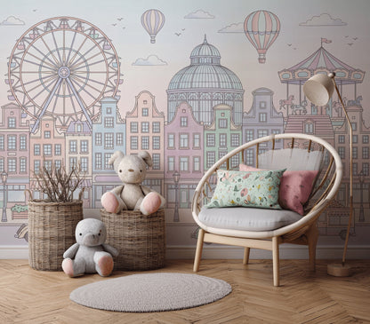 Pastel Cityscape Wallpaper European Townhouses Removable Ferris Wheel Wall Decor