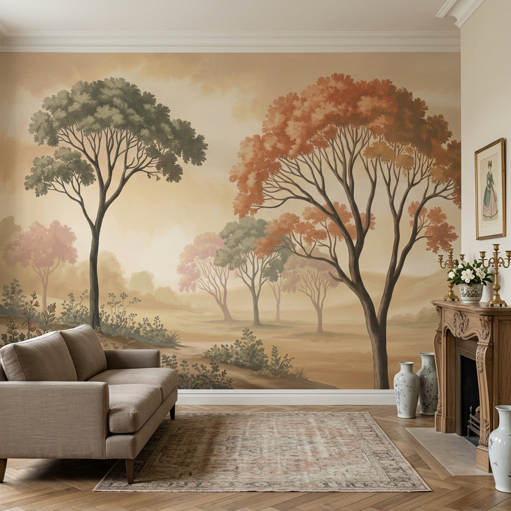 Pastoral Landscape Wallpaper Misty Countryside Tall Trees Wall Mural