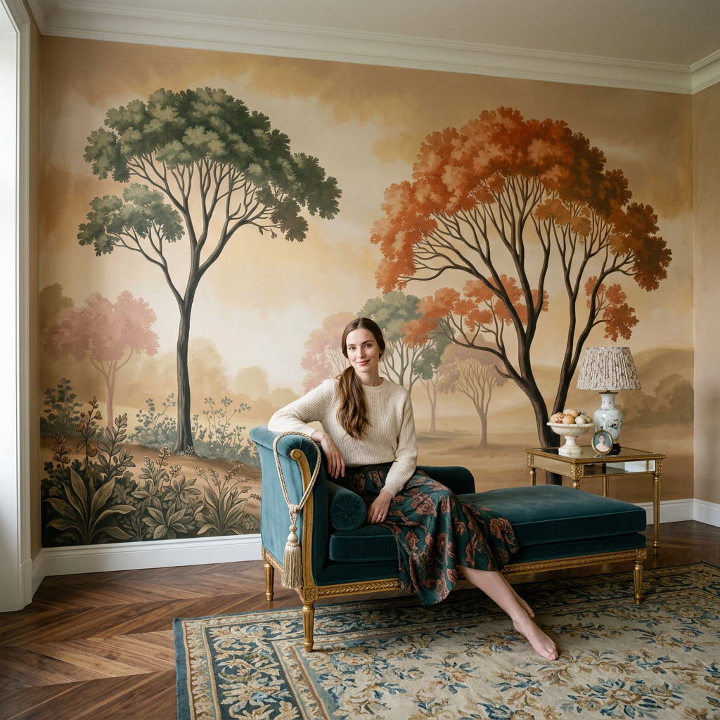 Pastoral Landscape Wallpaper Misty Countryside Tall Trees Wall Mural