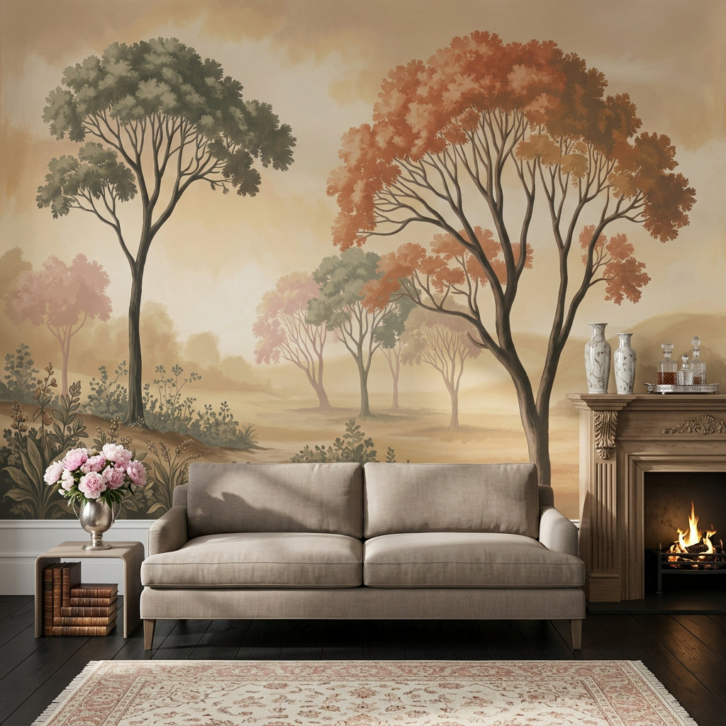 Pastoral Landscape Wallpaper Misty Countryside Tall Trees Wall Mural
