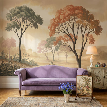 Pastoral Landscape Wallpaper Misty Countryside Tall Trees Wall Mural