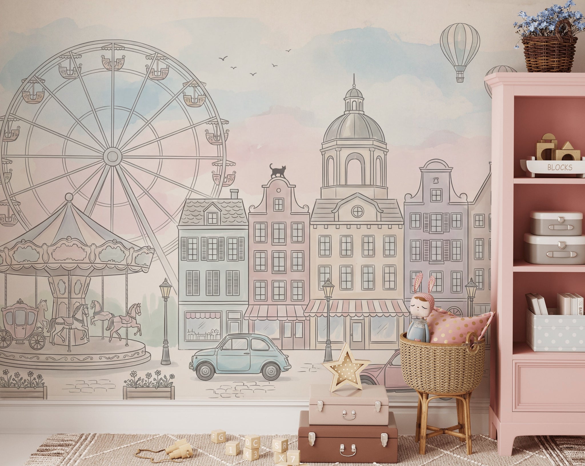 European Town Wallpaper Ferris Wheel Cityscape Removable Wall Decor
