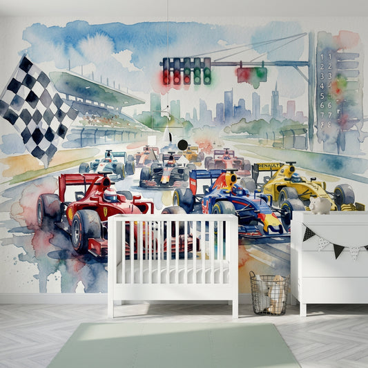 Formula Racing Wallpaper Race Track Watercolor Illustration Removable Wall Decor