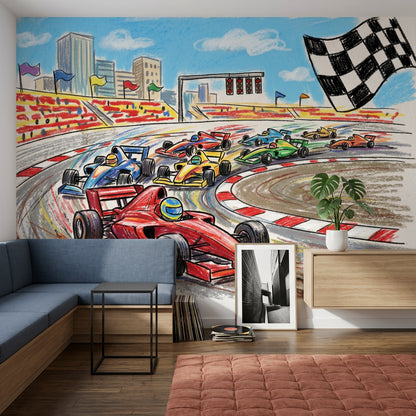 Race Track Wallpaper Formula Car City Skyline Wall Mural