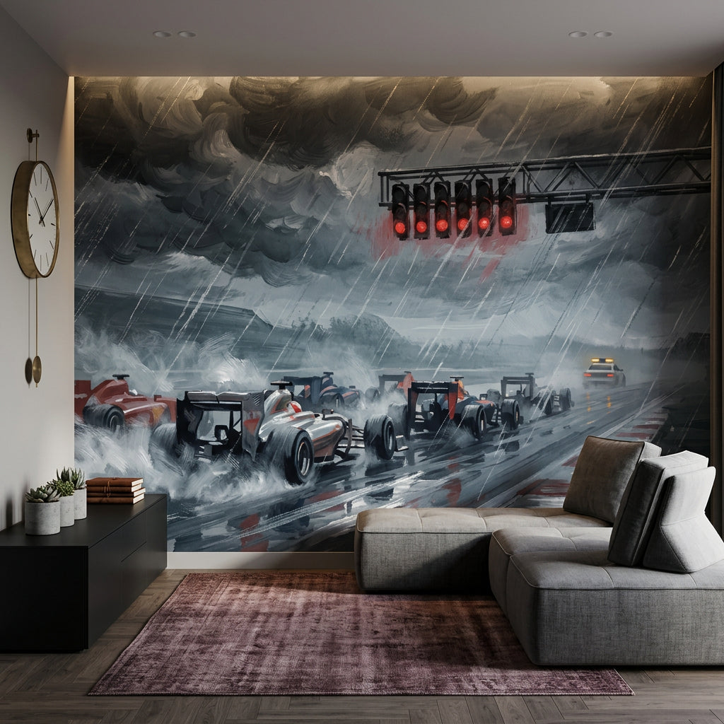 Formula Racing Cars Wallpaper Rainstorm Racetrack Removable Wall Decor