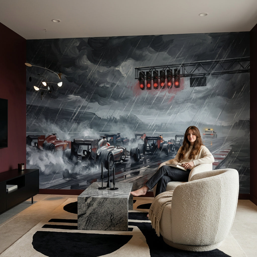 Formula Racing Cars Wallpaper Rainstorm Racetrack Removable Wall Decor