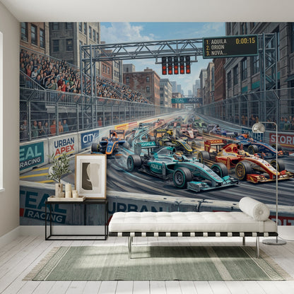 Urban Street Circuit Wallpaper Formula Race Cars Removable City Landscape Wall Decor