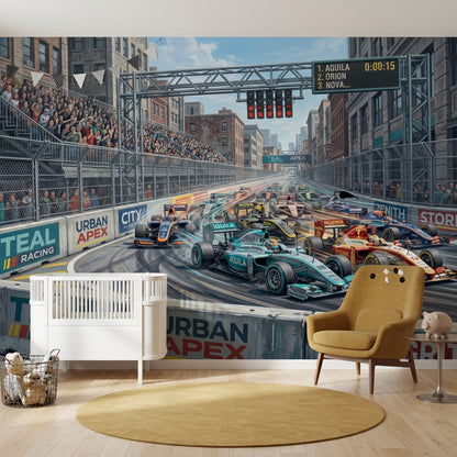 Urban Street Circuit Wallpaper Formula Race Cars Removable City Landscape Wall Decor