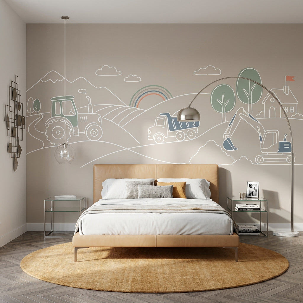 Construction Vehicles Wallpaper Tractor Removable Minimal Line Art Wall Decor