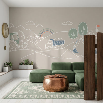 Construction Vehicles Wallpaper Tractor Removable Minimal Line Art Wall Decor