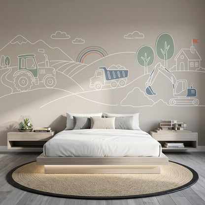 Construction Vehicles Wallpaper Tractor Removable Minimal Line Art Wall Decor
