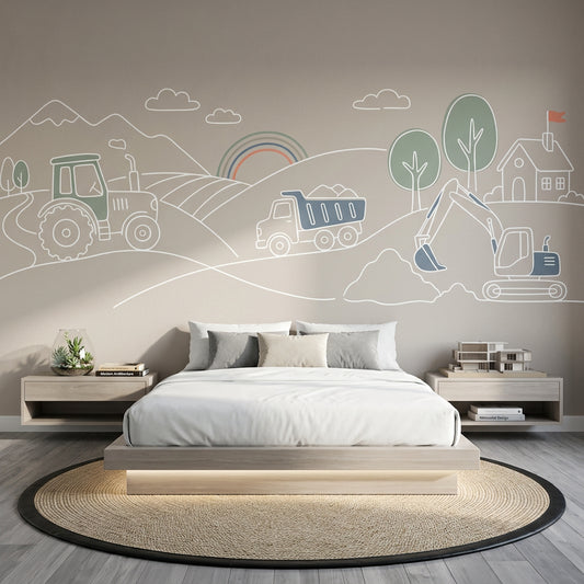 Construction Vehicles Wallpaper Tractor Removable Minimal Line Art Wall Decor