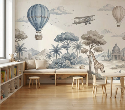 Whimsical Landscape Wallpaper Watercolor Hot Air Balloons Wall Mural