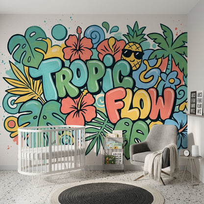 Tropical Wallpaper Green Leaves Hibiscus Flowers Wall Mural