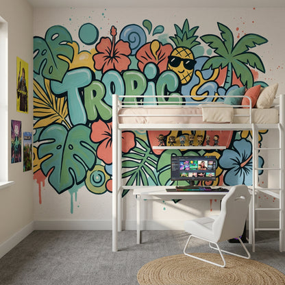 Tropical Wallpaper Green Leaves Hibiscus Flowers Wall Mural