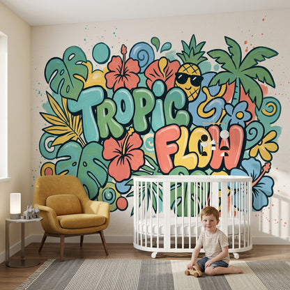 Tropical Wallpaper Green Leaves Hibiscus Flowers Wall Mural