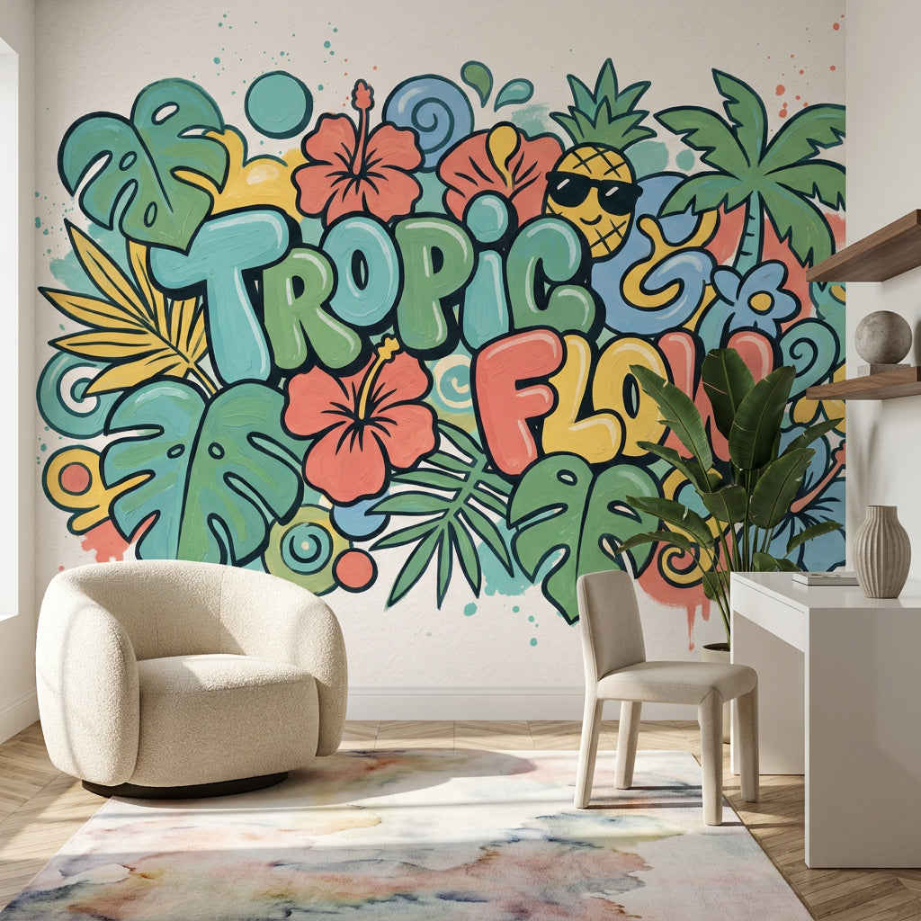 Tropical Wallpaper Green Leaves Hibiscus Flowers Wall Mural