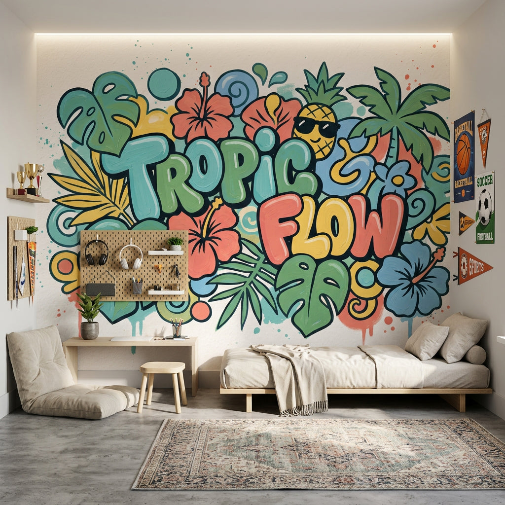 Tropical Wallpaper Green Leaves Hibiscus Flowers Wall Mural