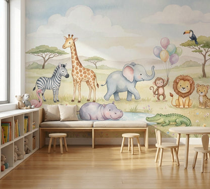 Safari Animals Wallpaper Savanna Landscape Watercolor Removable Wall Decor